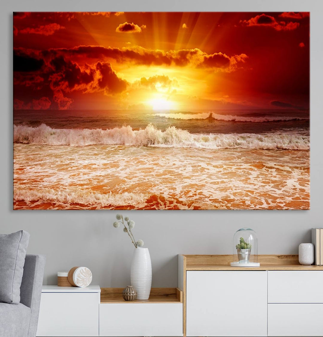 The Red Sunset Ocean Beach Canvas depicts ocean waves.