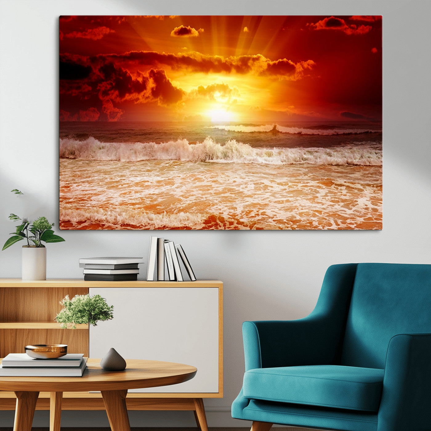 MGV-CV-36X24 - Red Sunset Ocean Beach Canvas Wall Art Beach Canvas, Coastal Sunset Print