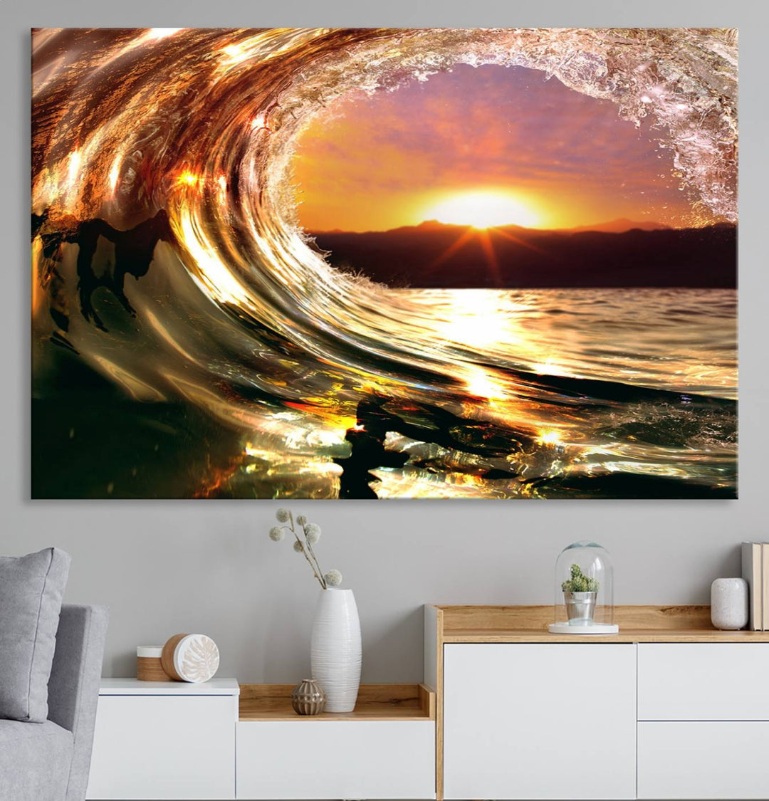 The Golden Wave Sunset Triptych Canvas Art showcases an ocean wave at sunset, casting warm light.