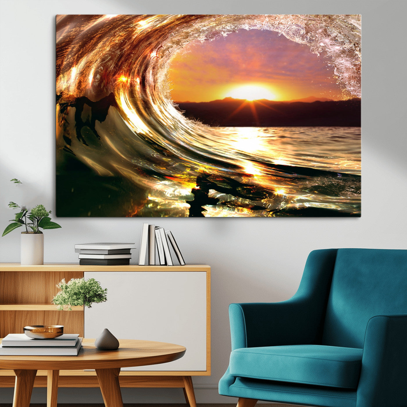 MGV-CV-36X24 - Golden Wave Sunset Triptych Canvas Art, Giclee Canvas Print of Ocean Wave and Sunset, Canon Print Quality with Gallery Wrap