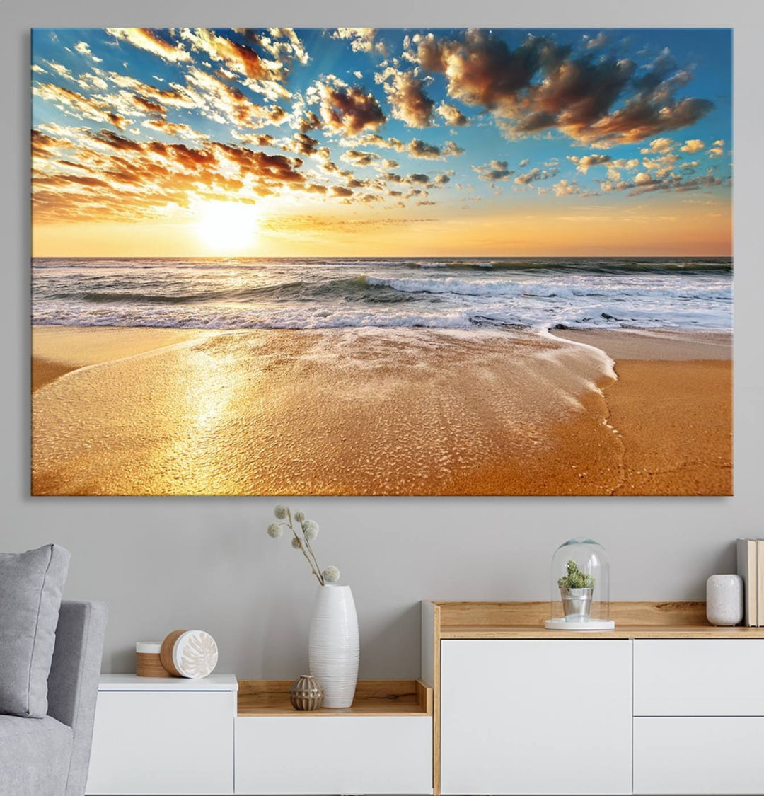 A Golden Sunset Beach giclee triptych canvas hangs prominently.