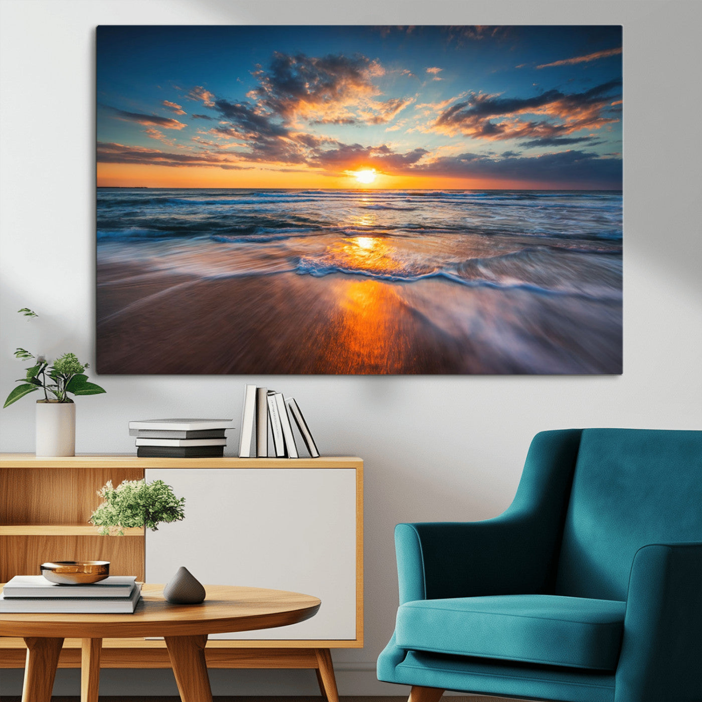 MGV-CV-36X24 - Sunset on the Ocean Beach with Waves, Reflections on Sand, Coastal Wall Art Print, Beach Wall Art, Ocean Sunset Canvas, Seascape Giclee Canvas Print