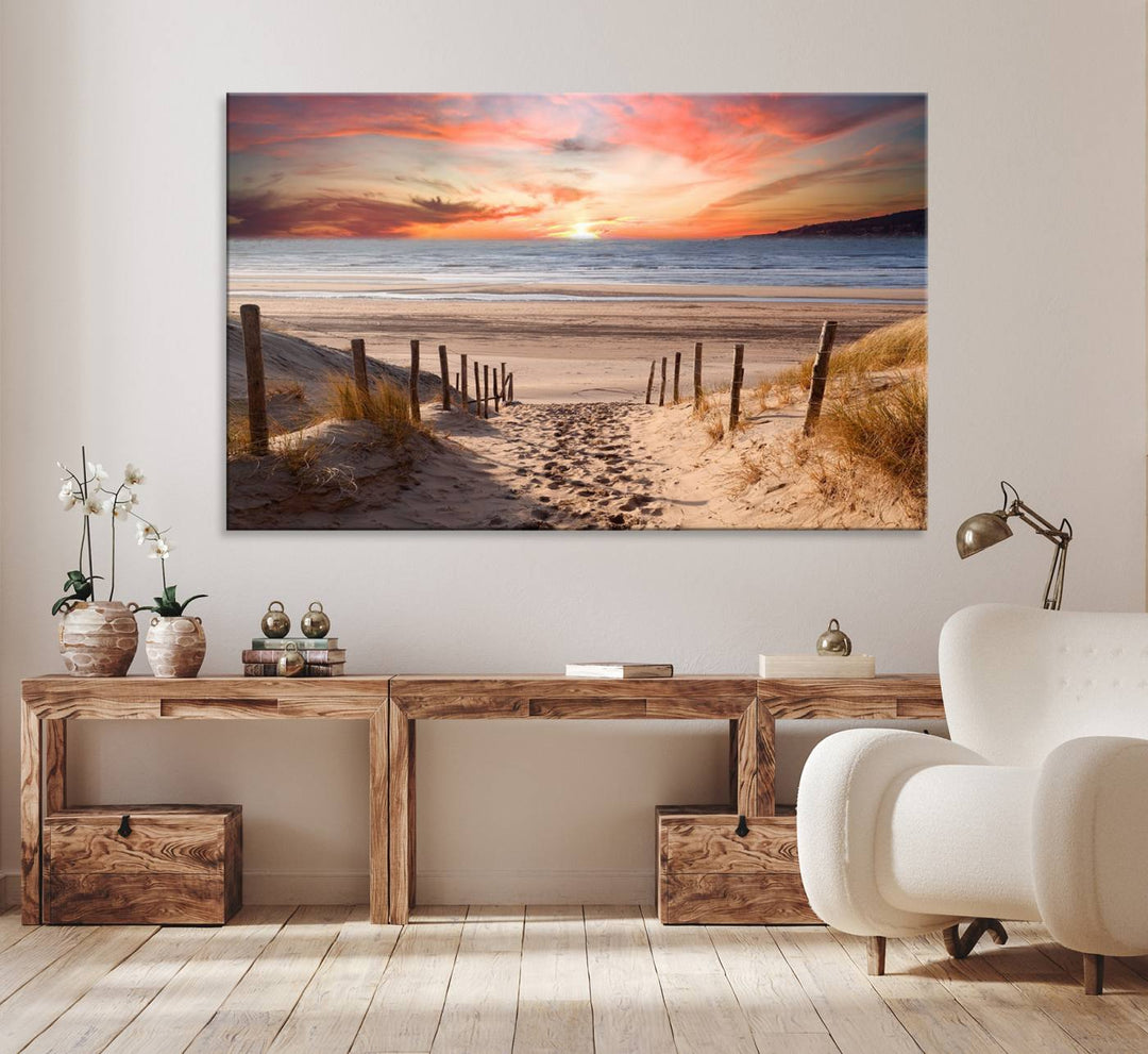 The Sunset on the Sea Wall Art Canvas Print beautifully captures a beach sunset and waves, enhanced with a UV-protective coating.