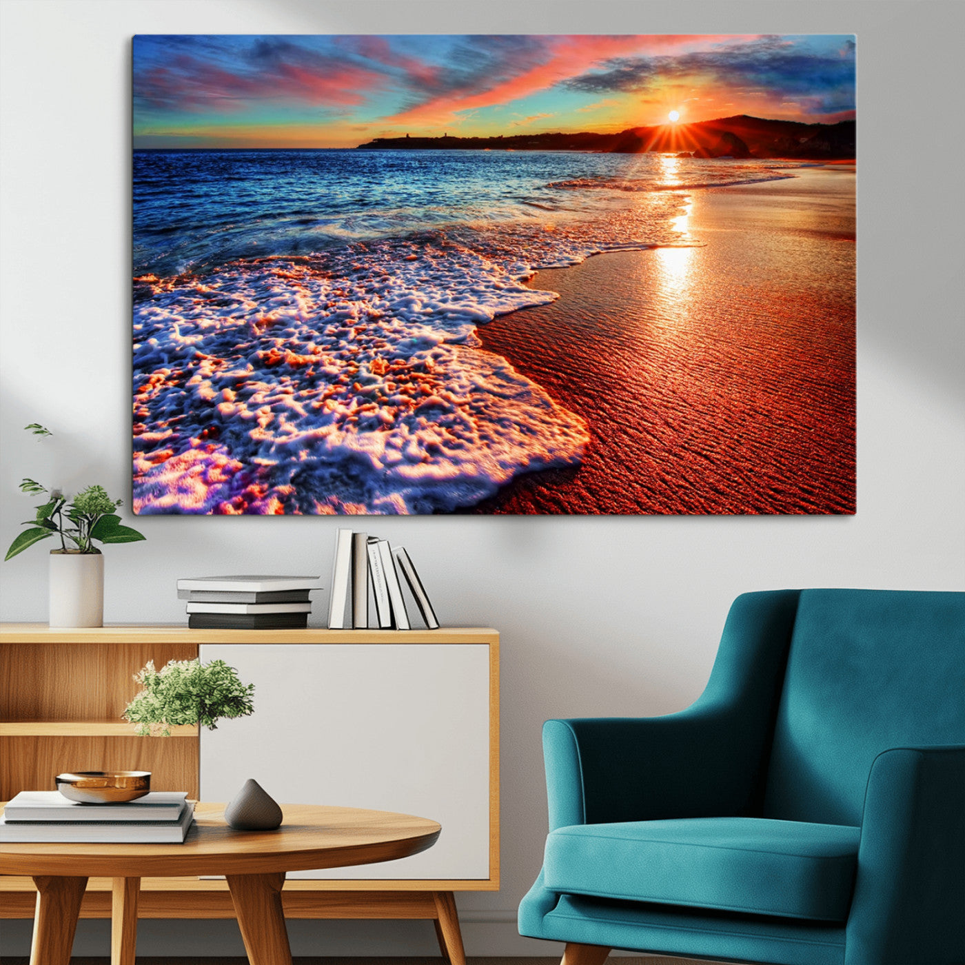 MGV-CV-36X24 - Colorful Coastal Sunset on the Beach Canvas Print, Ocean Waves Crashing at Dusk, Multi-Panel Seascape Vibrant Coastal Wall Art Canvas Print