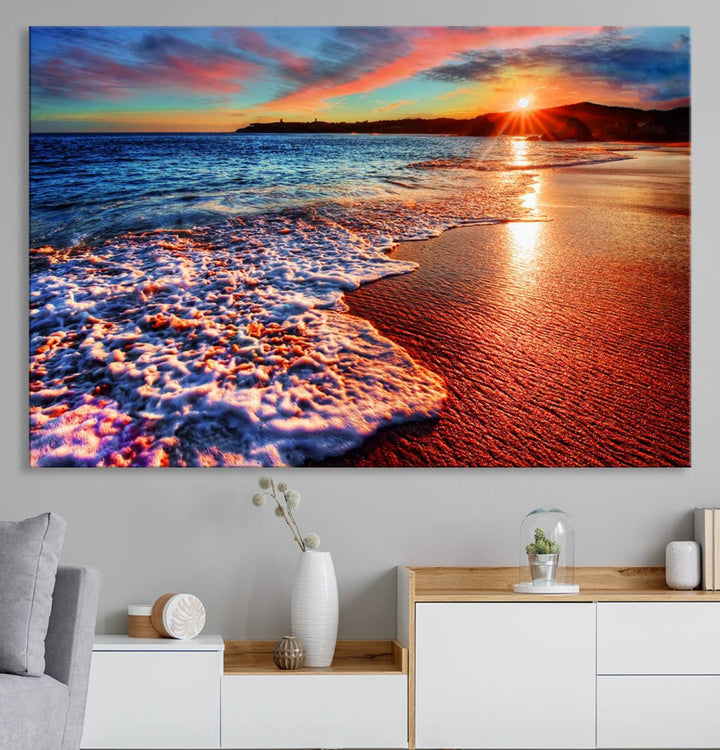 The Colorful Coastal Sunset on the Beach canvas print portrays ocean waves at dusk.