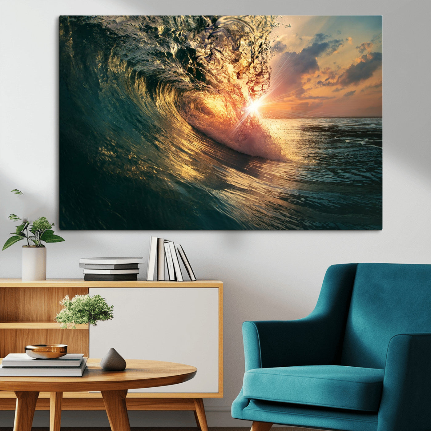 MGV-CV-36X24 - Ocean Wave Sunset Canvas Wall Art – Triptych Seascape Print – Framed and Ready to Hang for Living Room or Office