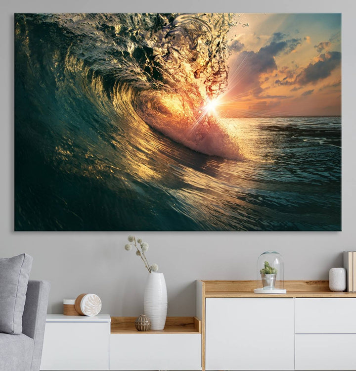 A triptych seascape titled Ocean Wave Sunset Canvas, featuring a stunning ocean view at sunset, is beautifully framed and ready to hang.