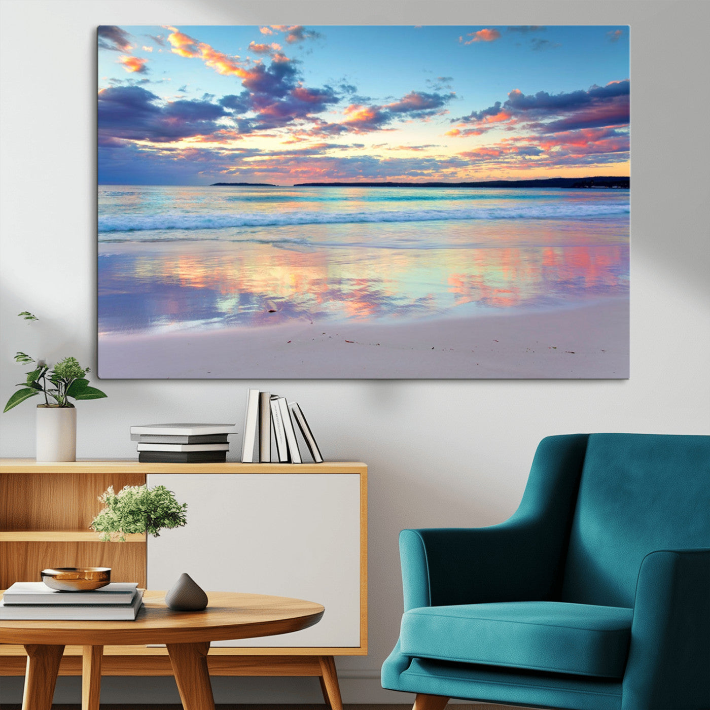 MGV-CV-36X24 - Tranquil Pastel Sunset Beach Triptych Canvas Art, Soothing Coastal Ocean Shoreline Giclee Print, Beach Reflections Wall Decor for Serene Spaces