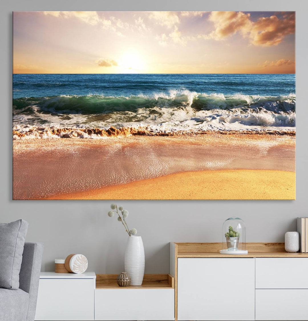 The wall features a Canon-quality Serene Beach Path canvas giclee print, depicting coastal dunes.