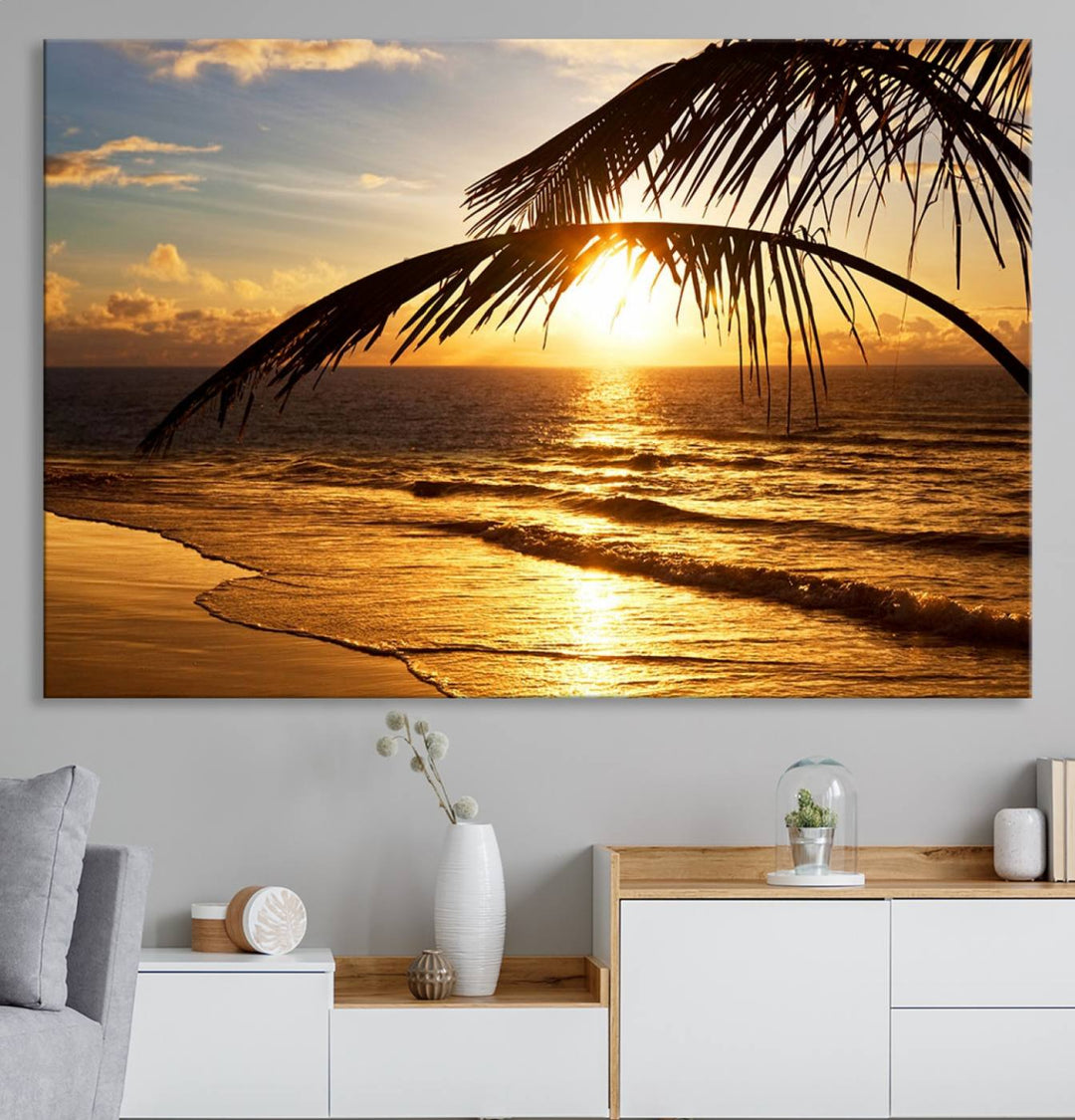 Golden Tropical Beach Sunset Canvas Triptych: Coastal Palm Art & Giclee Print with Gallery Wrap, capturing golden waves.