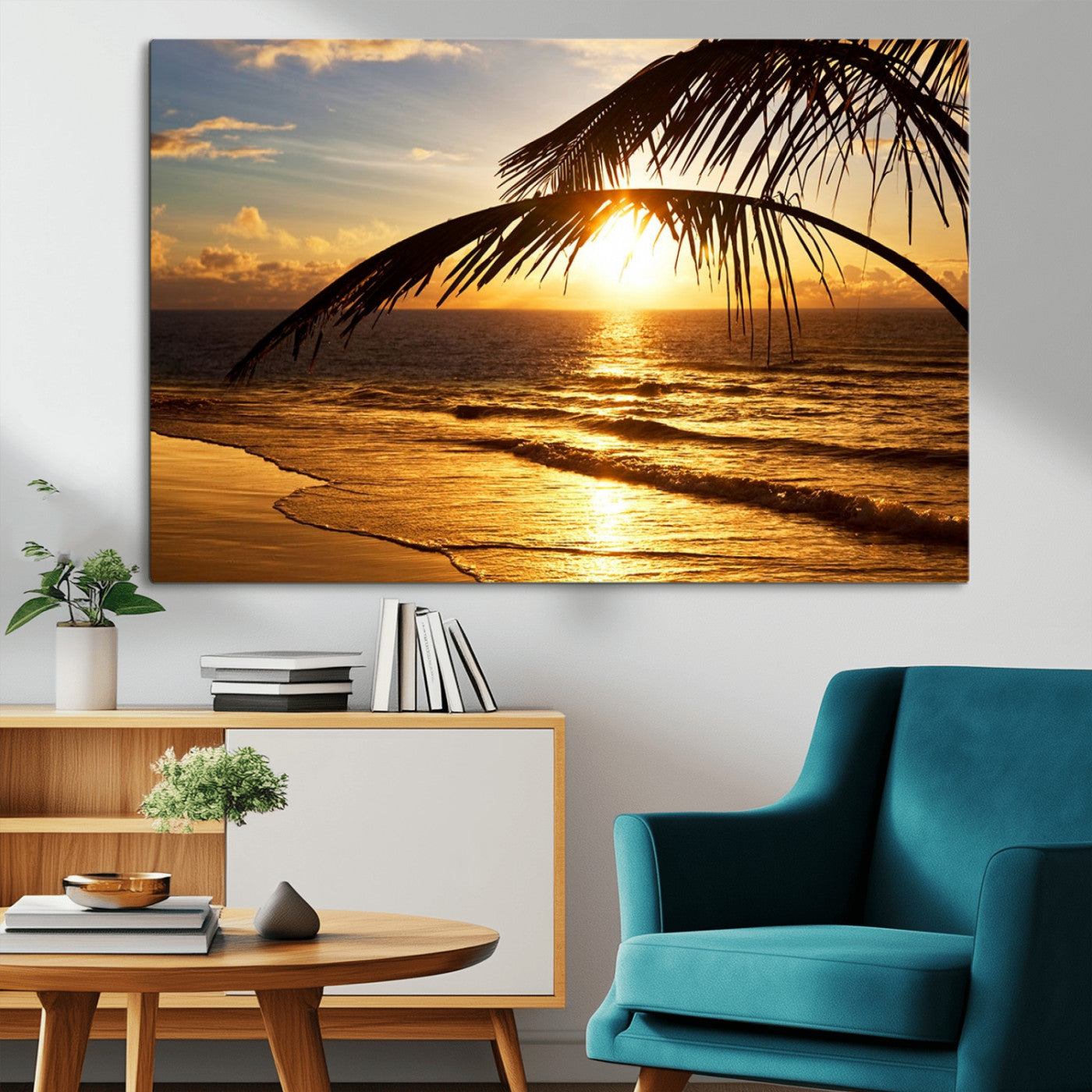 MGV-CV-36X24 - Golden Tropical Beach Sunset Canvas Triptych, Coastal Palm Tree Wall Art, Ocean Shoreline Giclee Print with Gallery Wrap