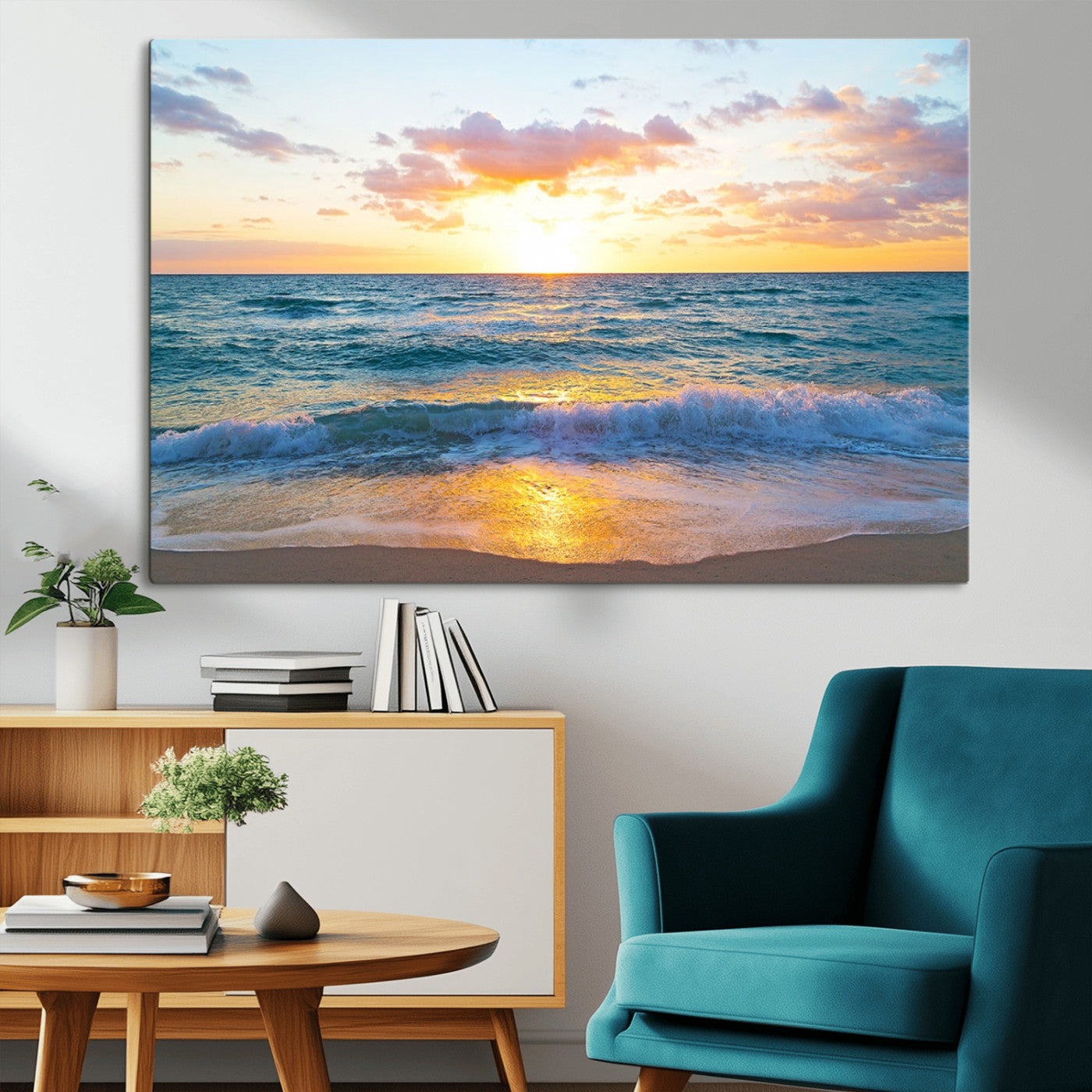 MGV-CV-36X24 - Ocean Sunset Triptych Canvas Wall Art, Giclee Beach Sunset Print with Gentle Waves, Coastal Art for Relaxation Spaces