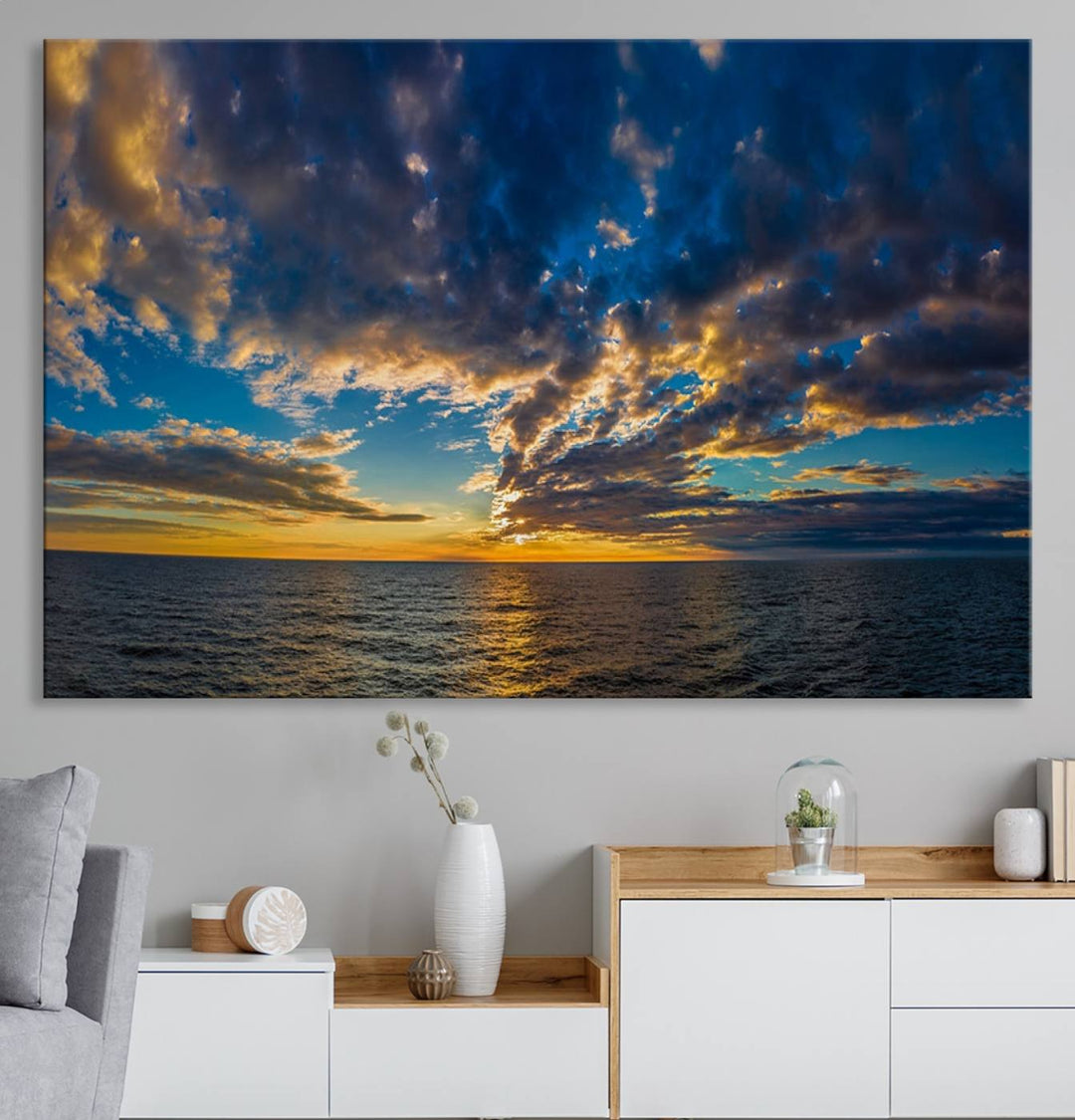 Dramatic Ocean Sunset Canvas Art, Panoramic Seascape Wall Art, Giclee Canvas Print with Canon Quality for Coastal Decor