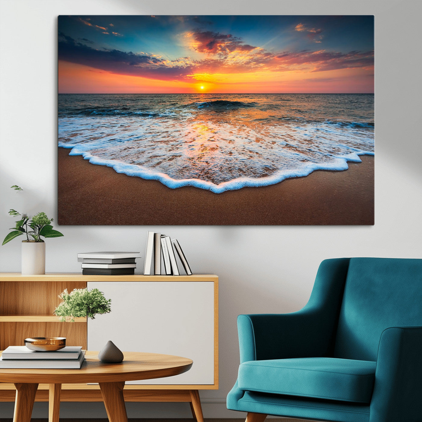 MGV-CV-36X24 - Sunset Beach Canvas Wall Art – Colorful Ocean Waves Triptych – Coastal Decor for Living Room or Bedroom – Framed and Ready to Hang