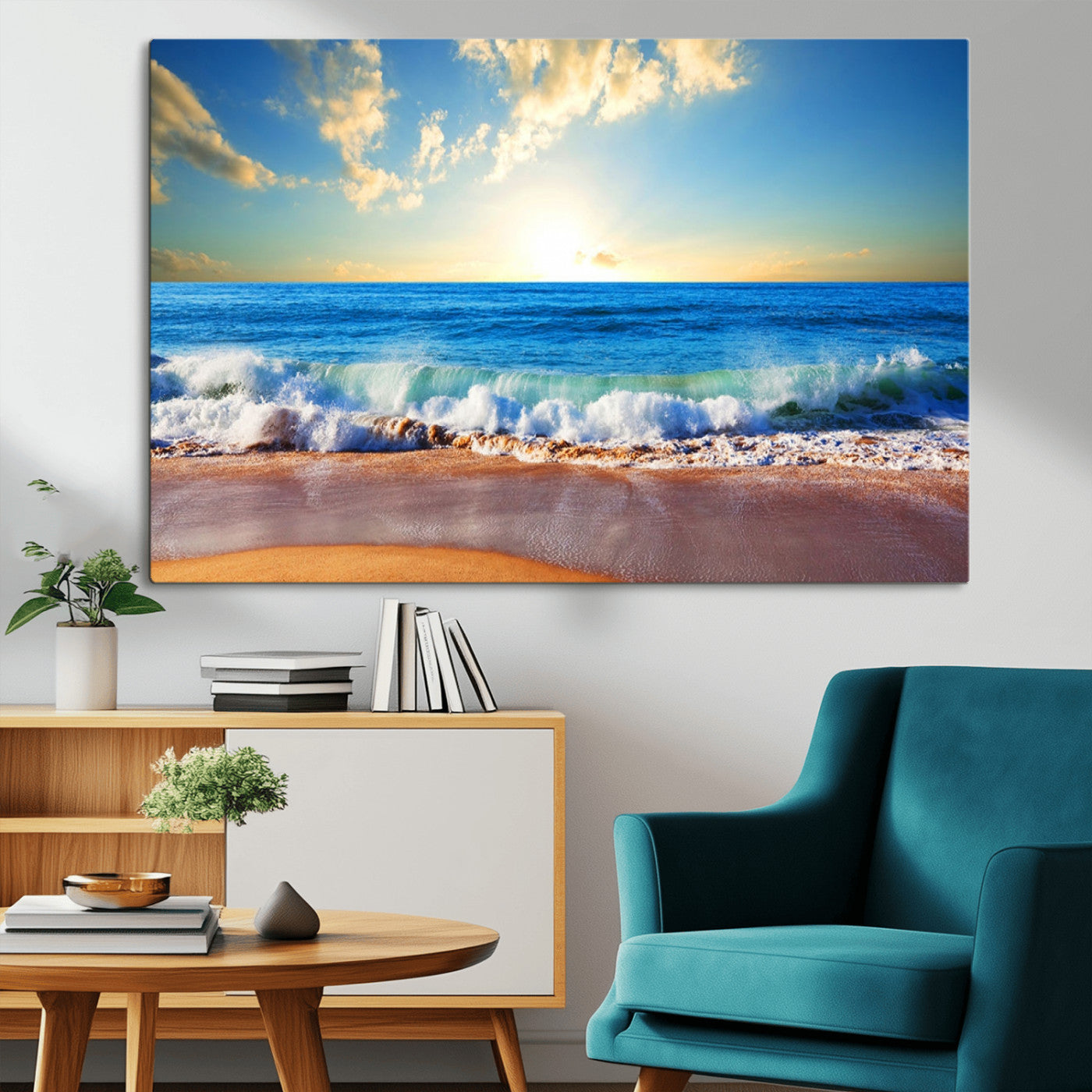 MGV-CV-36X24 - Tropical Beach Sunset Canvas Art, Ocean Waves and Sandy Shoreline Wall Art, Large Beach Decor for Coastal Homes
