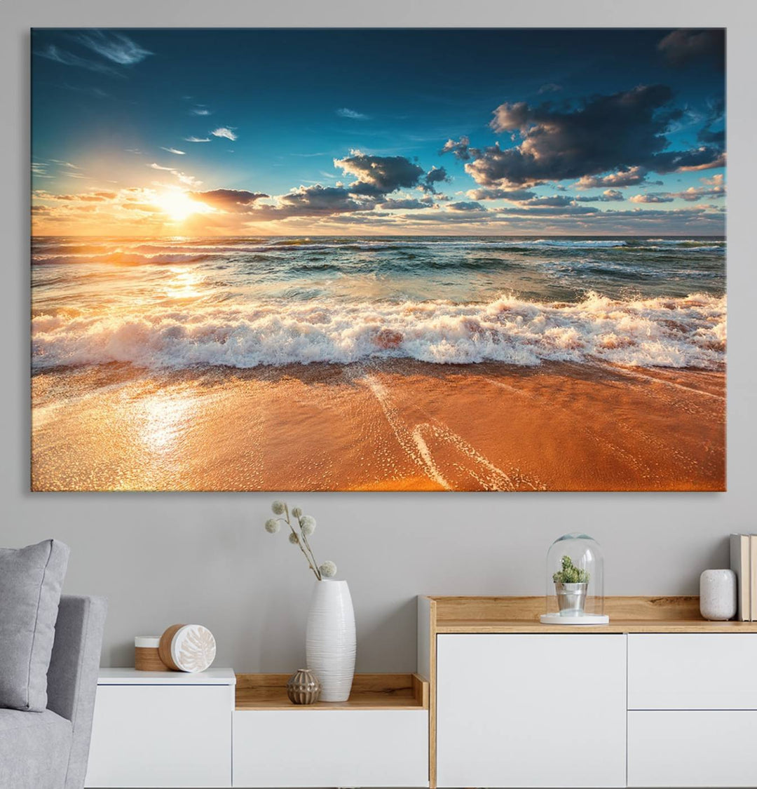 A Golden Sunset Beach Triptych Canvas Art hangs on a white wall.