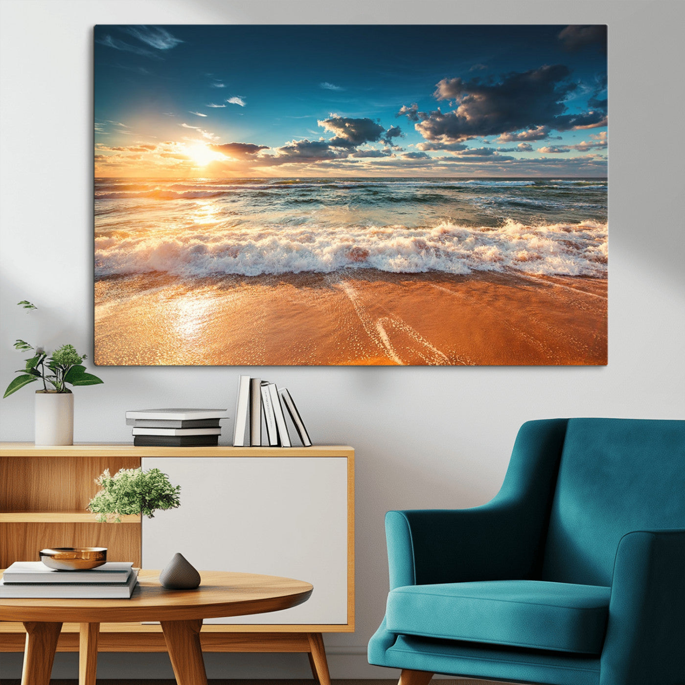 MGV-CV-36X24 - Golden Sunset Beach Triptych Canvas Art, Giclee Coastal Wall Decor, Ocean Waves Print, Modern Beach Scene for Home or Office
