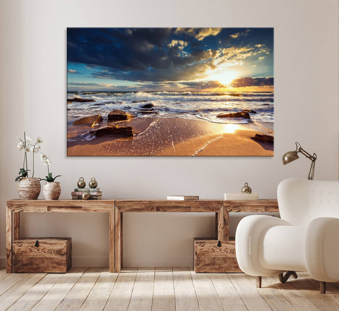 The Golden Hour Beach Sunset triptych adorns the wall with its captivating imagery.