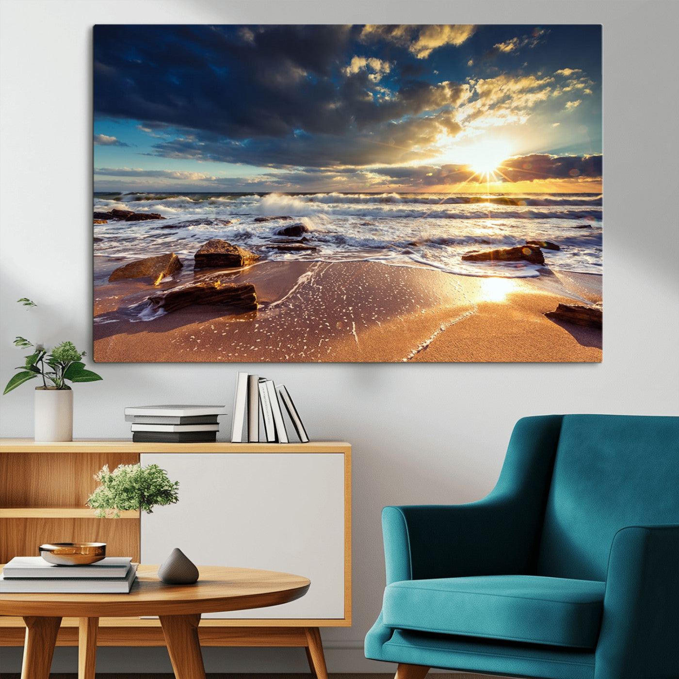 MGV-CV-36X24 - Golden Hour Beach Sunset Canvas Triptych, Ocean Waves and Rocks Wall Art for Coastal Home Decor