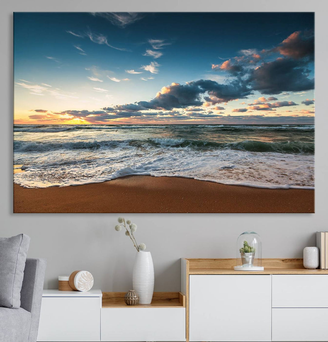 Ocean Beach Wall Art Canvas Print hangs prominently.