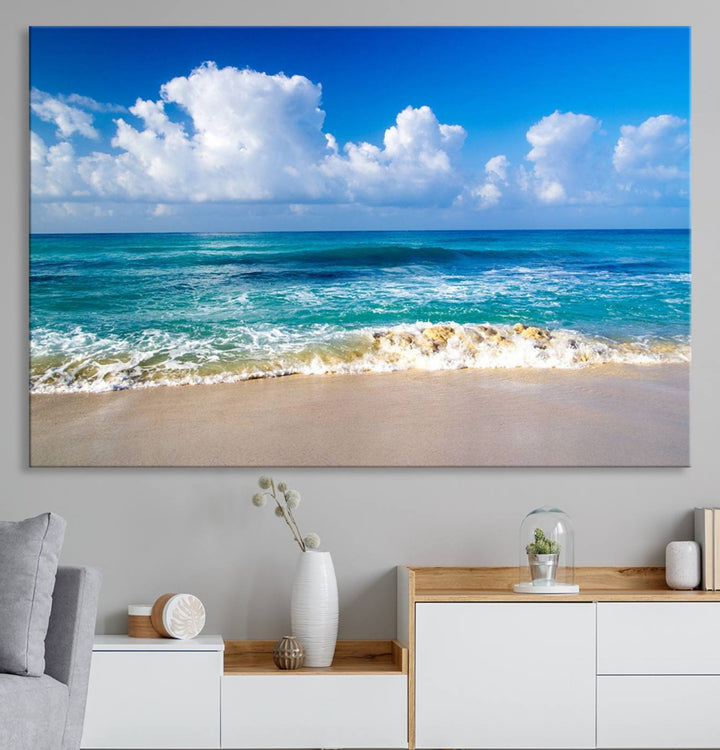 Tropical Beach 3-Panel Canvas Wall Art – Serene Ocean Waves and Blue Sky – Giclée Print for Living Room, Office, or Bedroom Coastal Decor