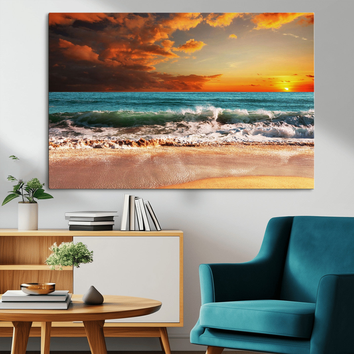 MGV-CV-36X24 - Golden Sunset Beach Canvas Wall Art – Triptych Seascape Print – Framed and Ready to Hang for Living Room or Office