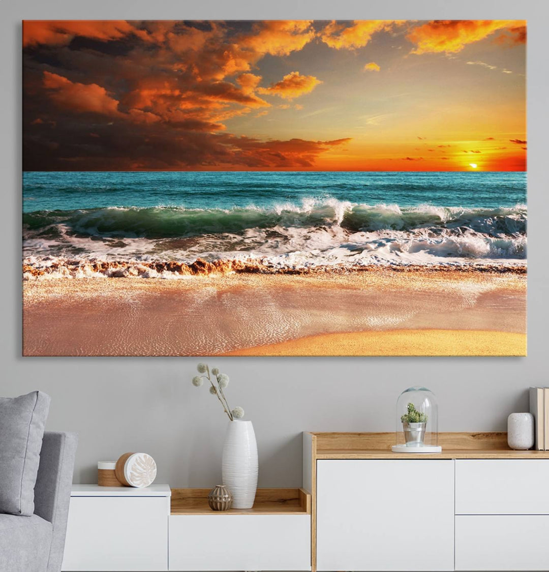 A Golden Sunset Beach triptych seascape canvas hangs on the wall.