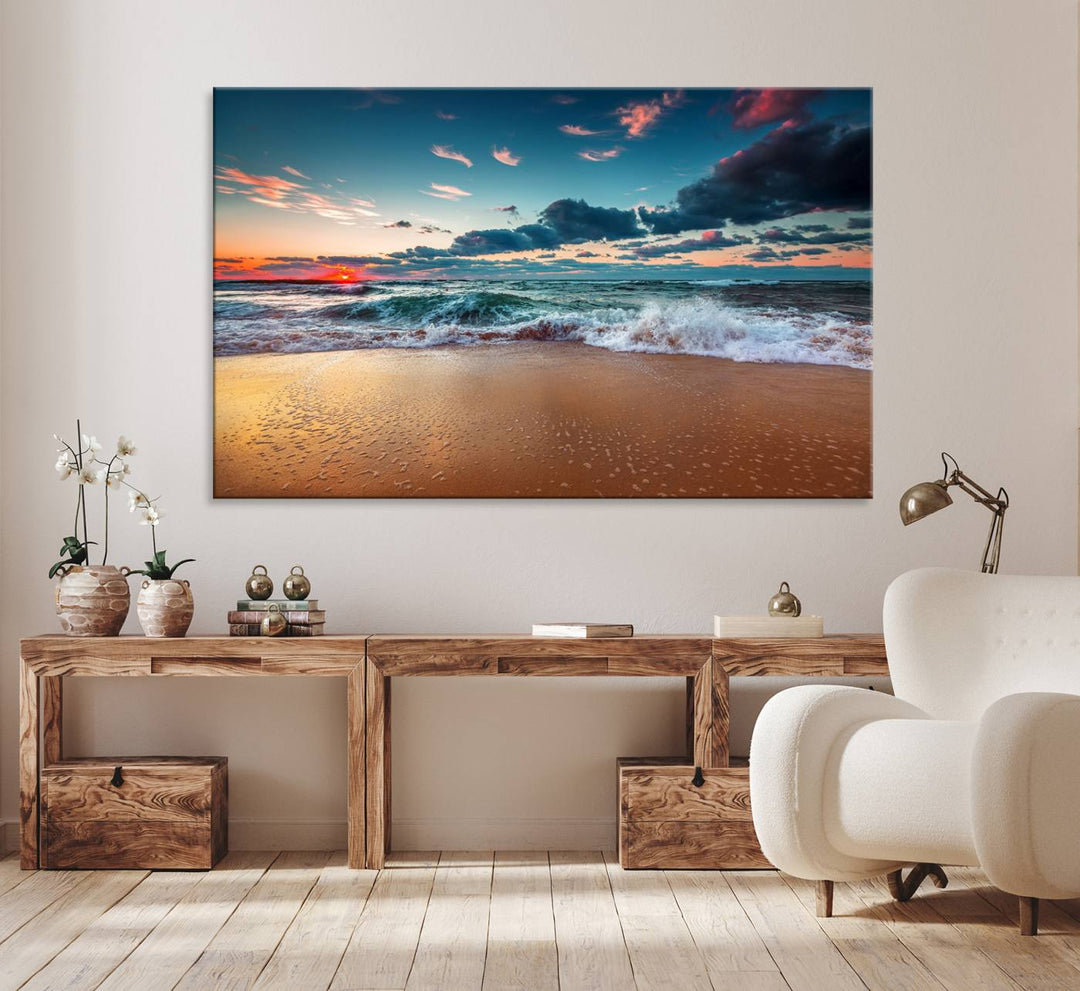 Sunset on Beach Wall Art: Waves under a vibrant sky. Crafted on museum-quality canvas, ready to hang and admire.