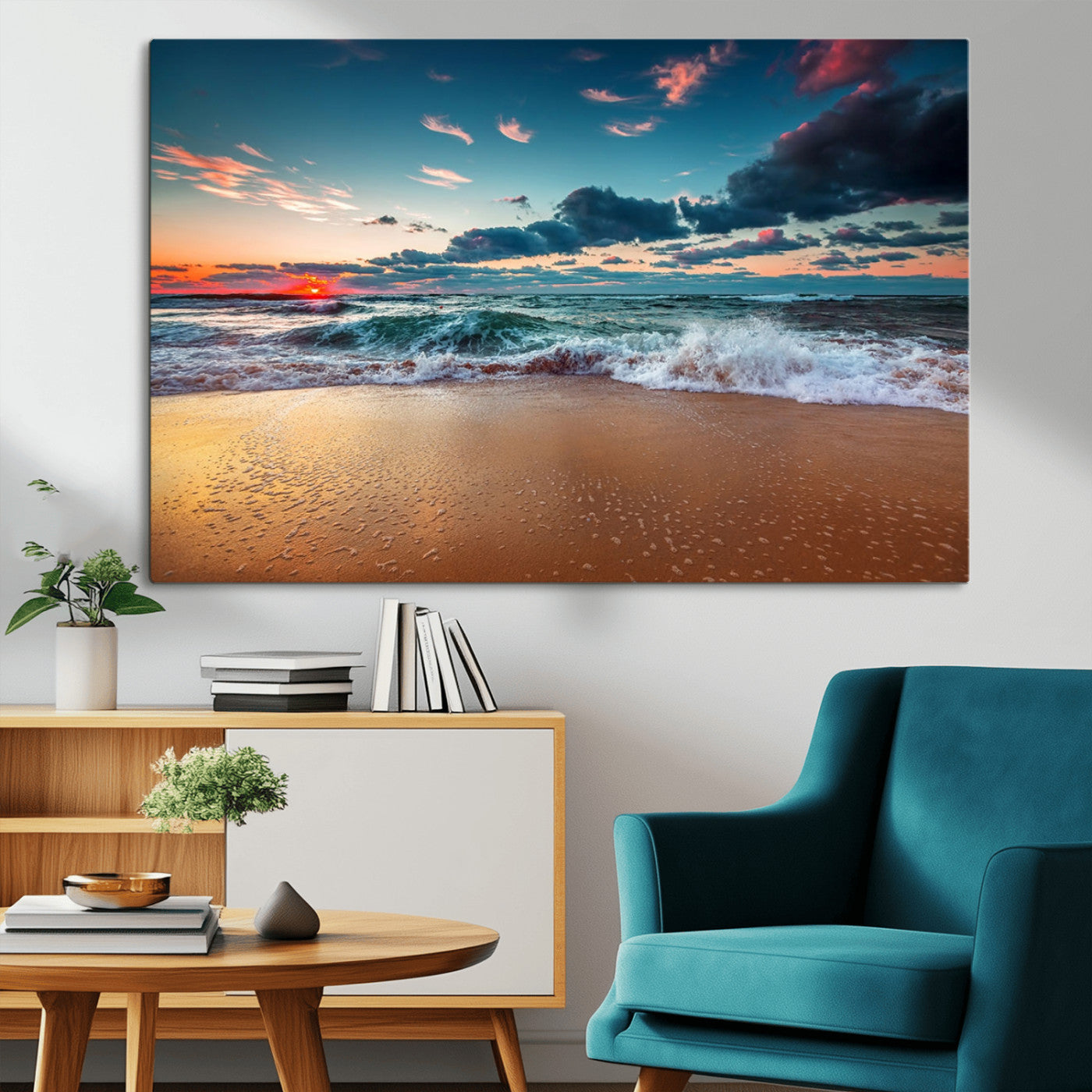 MGV-CV-36X24 - Sunset Ocean Beach Wall Art – Giclee Canvas Print, Coastal Seascape, Ready to Hang, Beach Decor, Large 3-Panel Set for Living Room