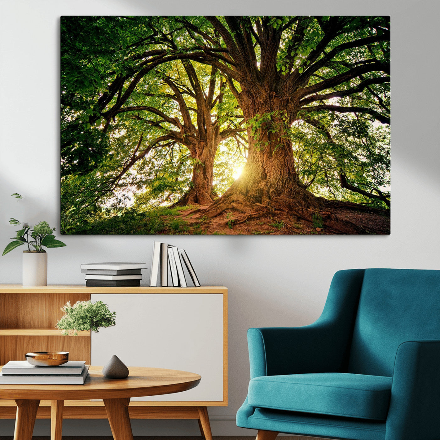 MGV-CV-36X24 - Majestic Ancient Tree Wall Art, Nature-Inspired Canvas Print, Woodland Art, Tree of Life Artwork, Sunlit Forest, Giclee Nature Print