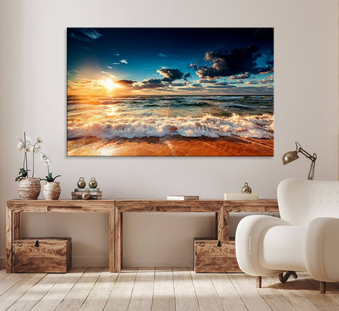 Golden Hour Sunset Over Ocean Waves Canvas: 3-Panel Coastal Landscape Art with Stunning Beach Photography Print.