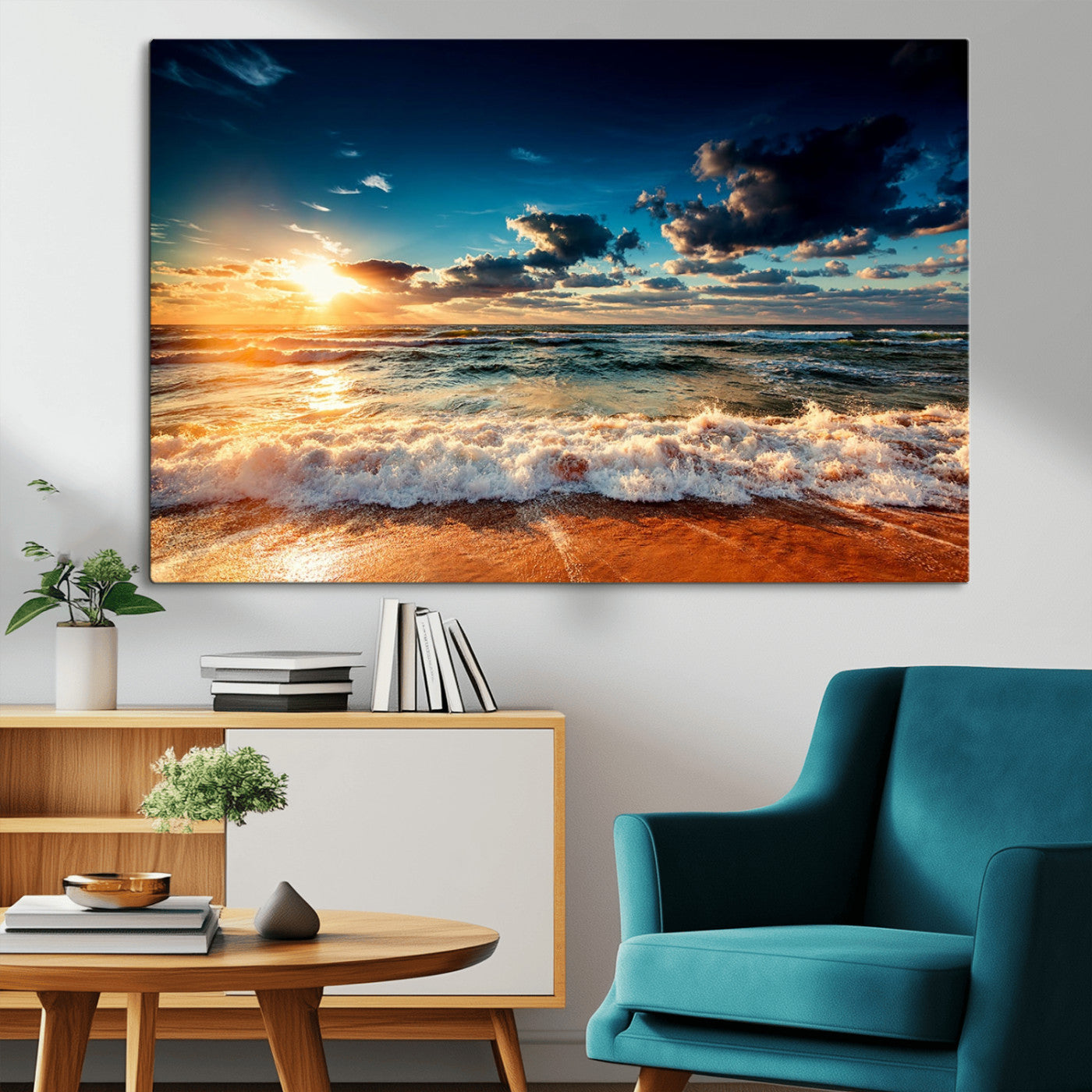 MGV-CV-36X24 - Golden Hour Sunset Over Ocean Waves Wall Art Canvas Print | 3 Panel Coastal Landscape Canvas Wall Art – Stunning Beach Photography Print