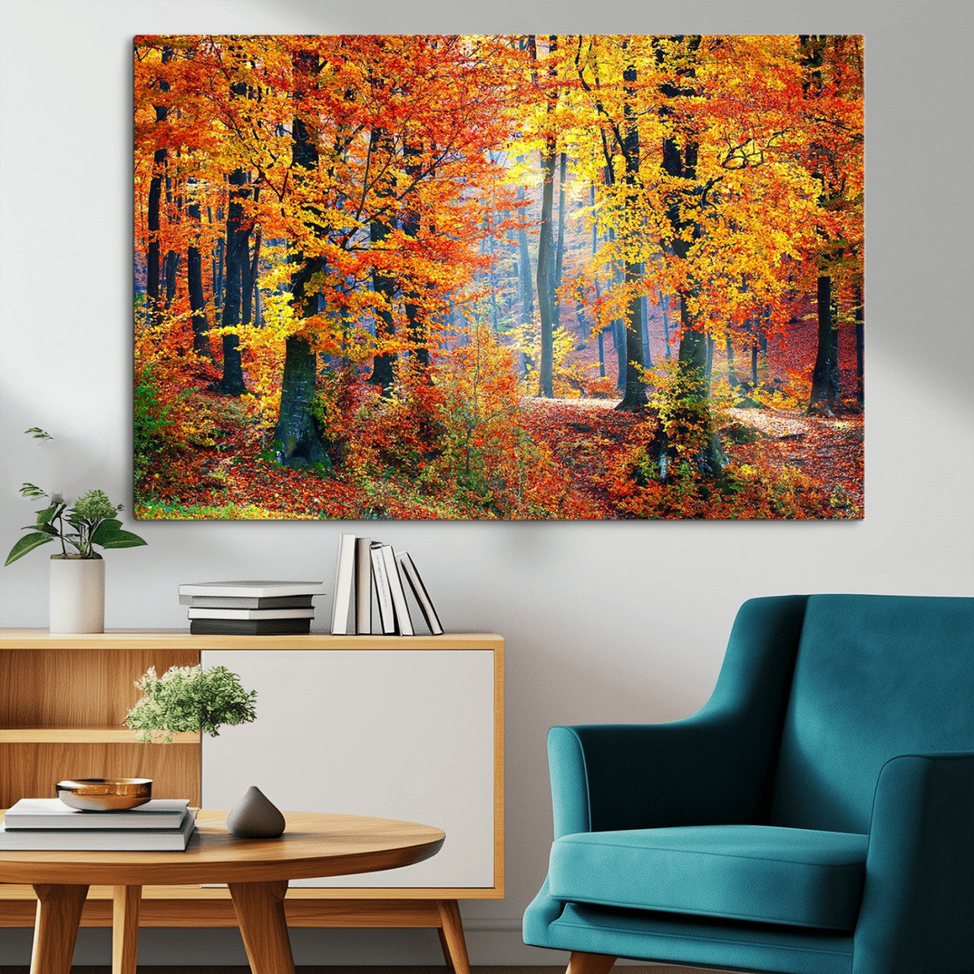 MGV-CV-36X24 - Autumn Red Forest Triptych Canvas Wall Art Print, Forest Wall Decor, Fall Landscape Art | Season Nature Landscape for Home or Office