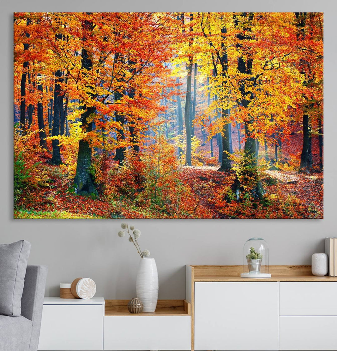 The room features an Autumn Red Forest Triptych Canvas Wall Art.