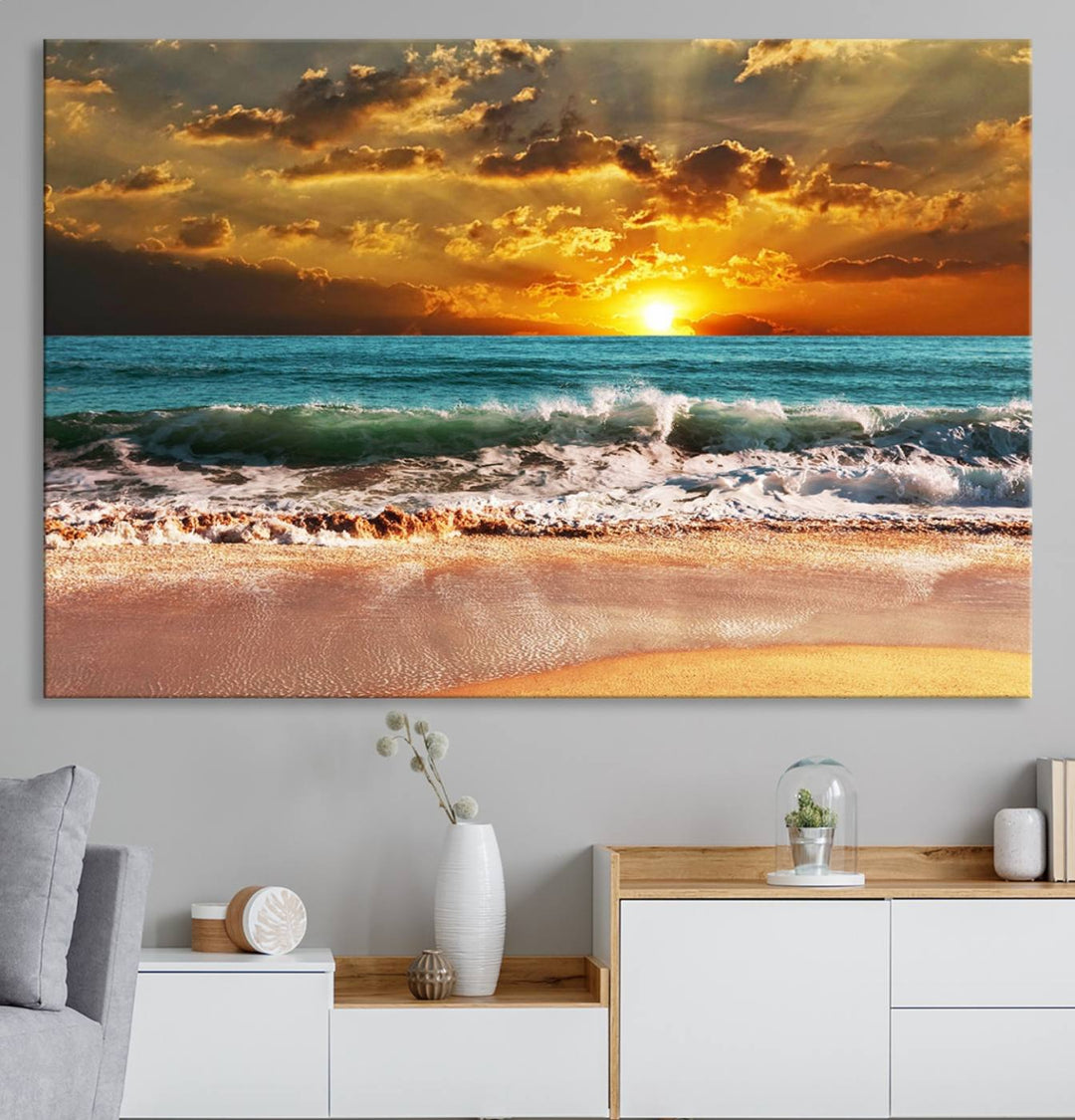 Golden Sunset Beach Canvas Triptych adorns the cozy room, creating a stunning focal point.