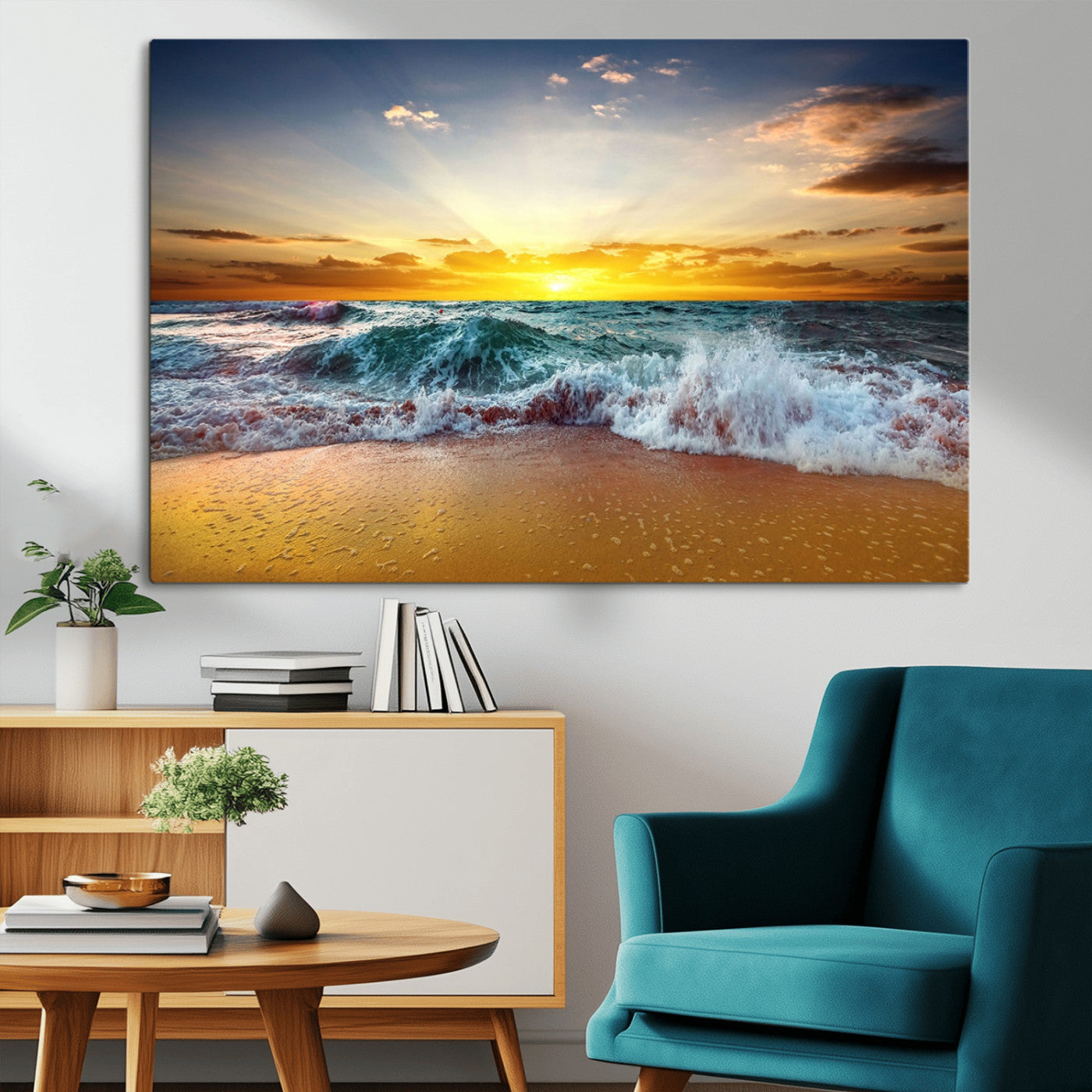 MGV-CV-36X24 - Golden Sunset Ocean Waves Wall Art Canvas Print – Multi Panel Beach Canvas Print Set – Large Coastal Triptych Print for Home or Farmhouse Decor