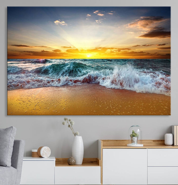 The kitchen features the Golden Sunset Ocean Waves multi-panel coastal wall art canvas.