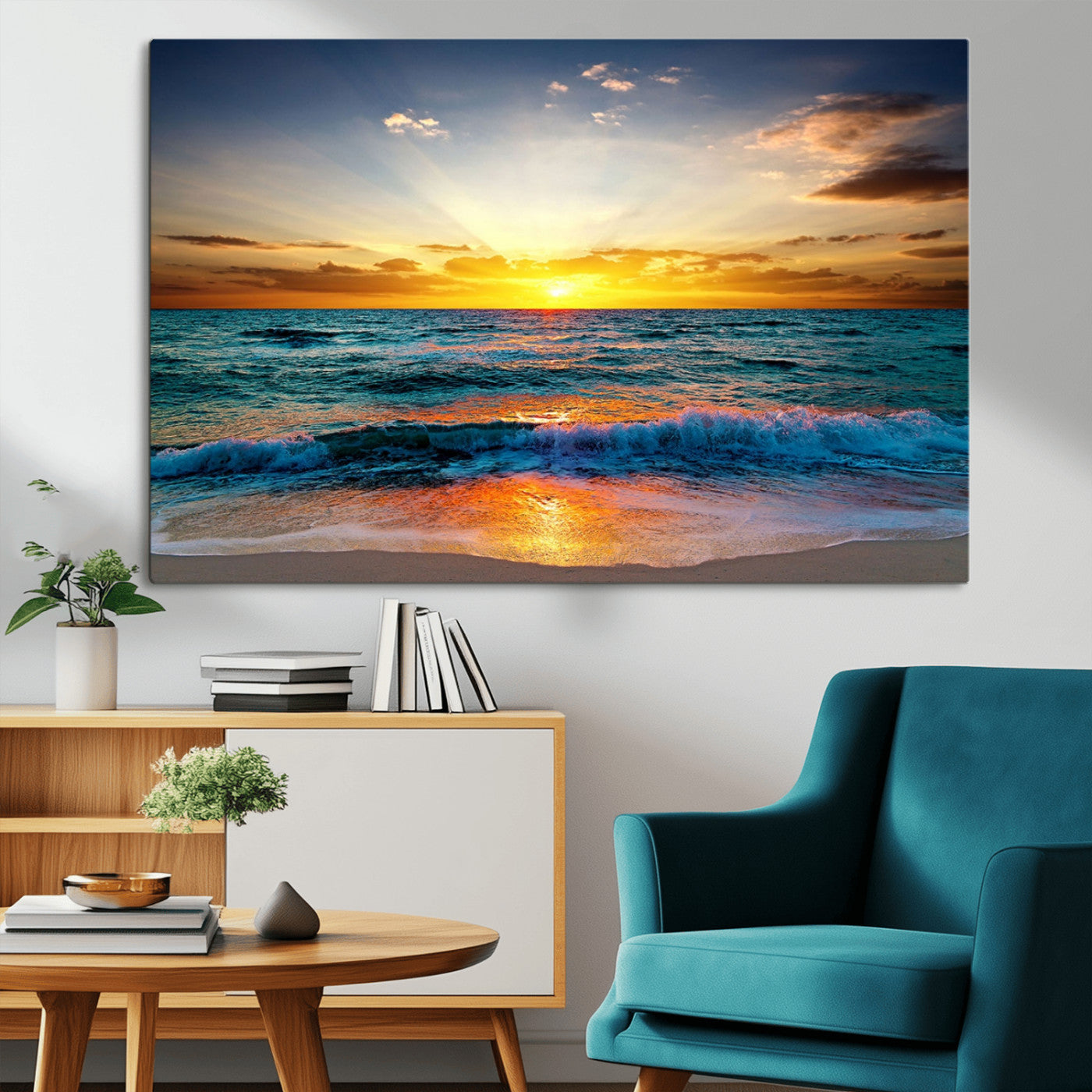 MGV-CV-36X24 - Vibrant Ocean Sunrise Over Golden Beach Waves, Giclee Canvas Wall Art Set, High-Quality Stretched Canvas Print, Ready to Hang Coastal Sunset Wall