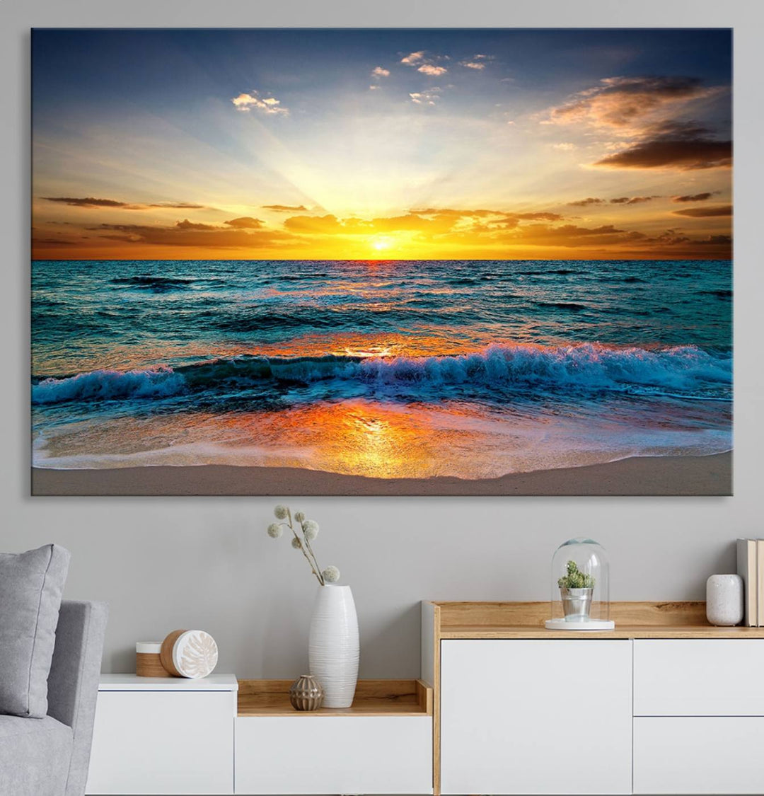 A kitchen dining area with coastal wall art.