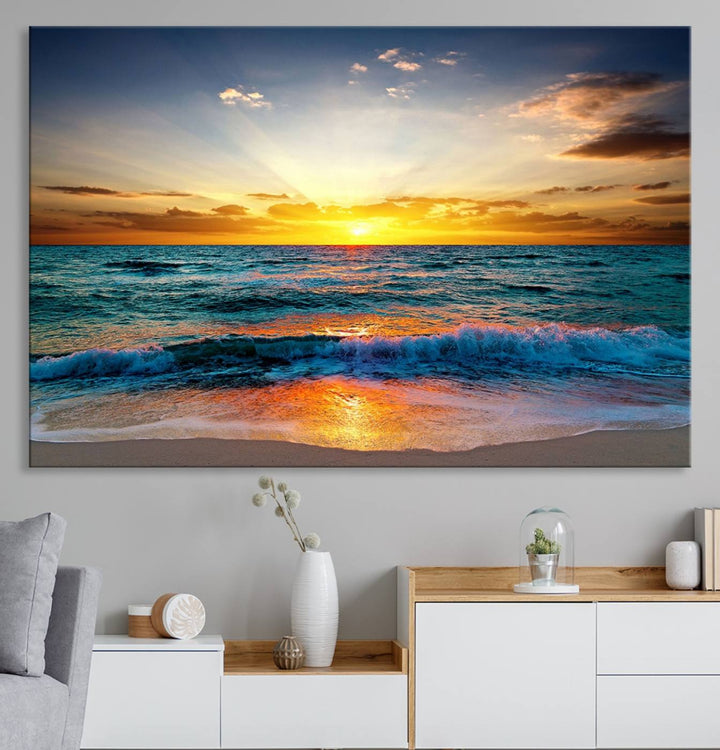 A kitchen dining area with coastal wall art.