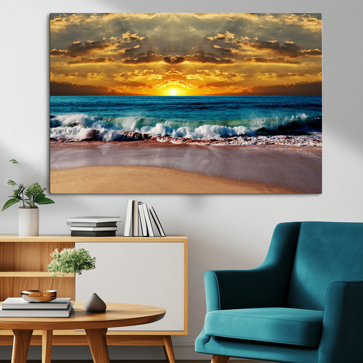 MGV-CV-36X24 - Ocean Sunrise Over Golden Beach Waves, Giclee Canvas Wall Art Set, High-Quality Stretched Canvas Print, Ready to Hang Coastal Sunset Wall Decor