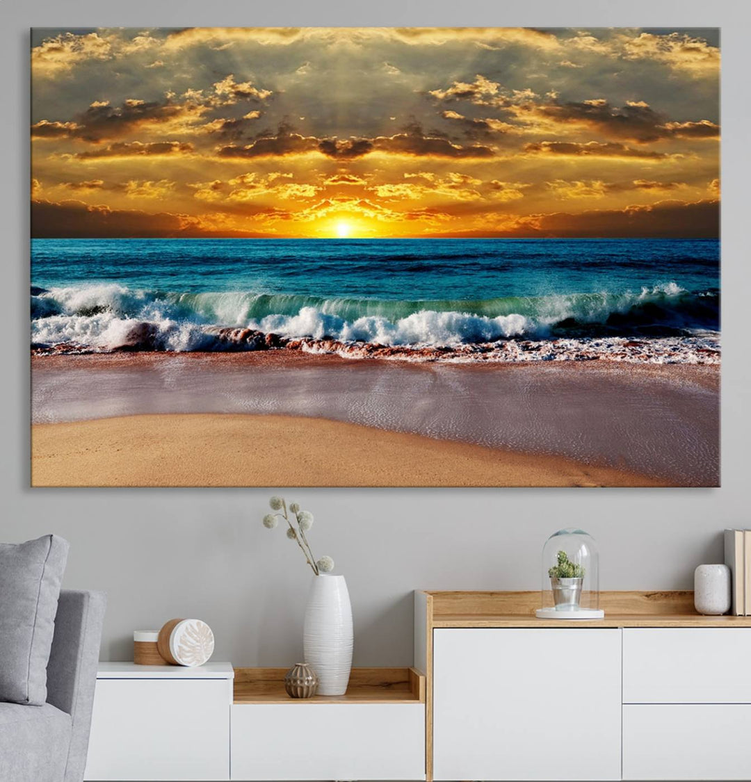 The Ocean Sunrise Over Golden Beach Waves wall art is prominently displayed, capturing the serene beauty of a beach at sunrise.