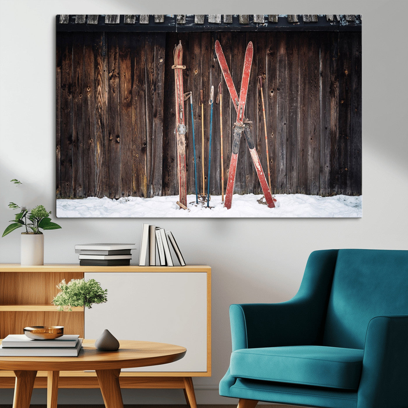MGV-CV-36X24 - Vintage Ski Gear Against Wooden Cabin Wall, Rustic Winter Sports Equipment Canvas Print, Ready to Hang Wall Art, Perfect for Lodge or Ski Cabin Decor