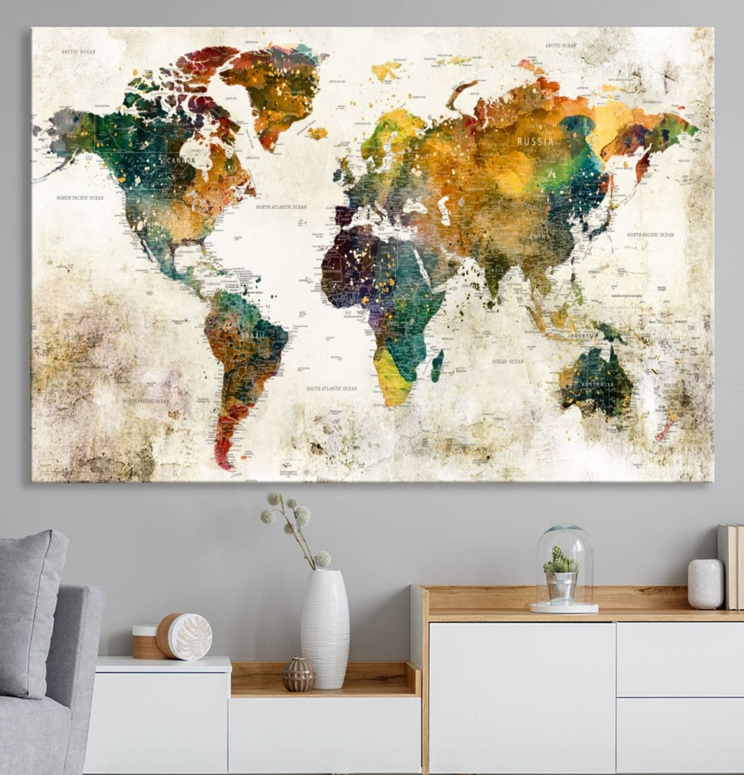 A 3-panel vintage world map canvas art is displayed.