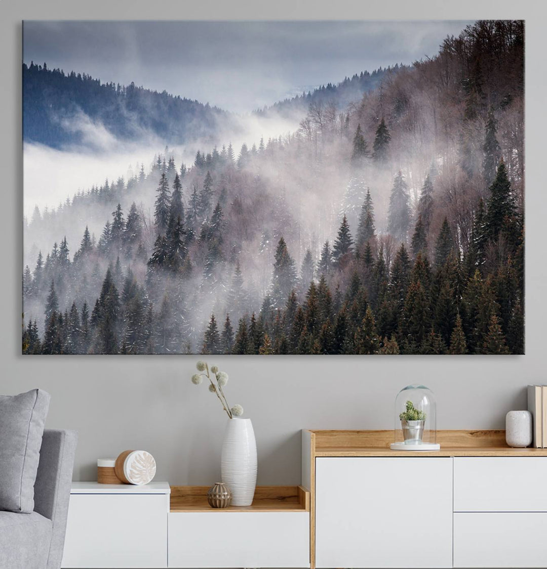 A museum-quality canvas of Beautiful Rising Fog in Winter Mountain Landscape hangs on the wall.