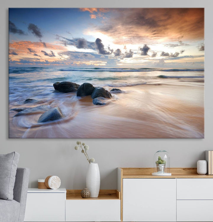 The Serene Weather On The Beach wall art canvas is ready to hang.