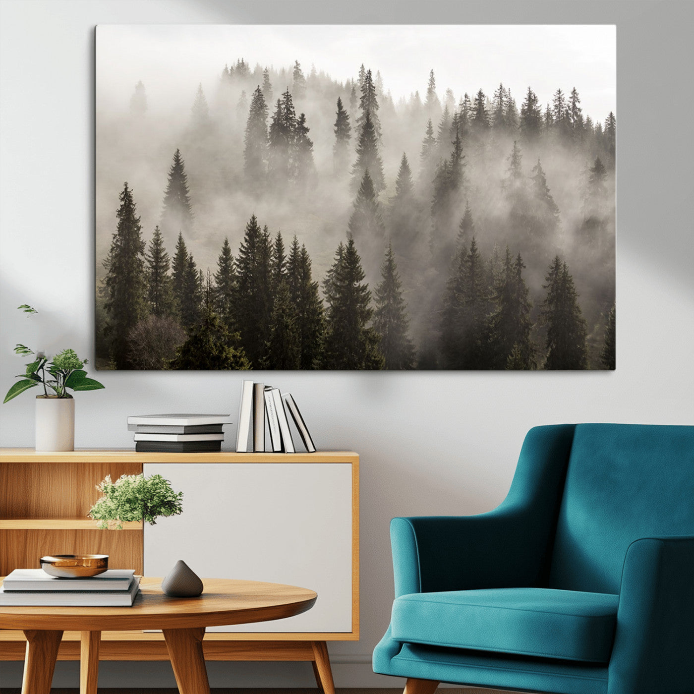 MGV-CV-36X24 - Foggy Mountain Wall Art | 3-Panel Foggy Forest and Mountain Landscape | Large Giclee Print for