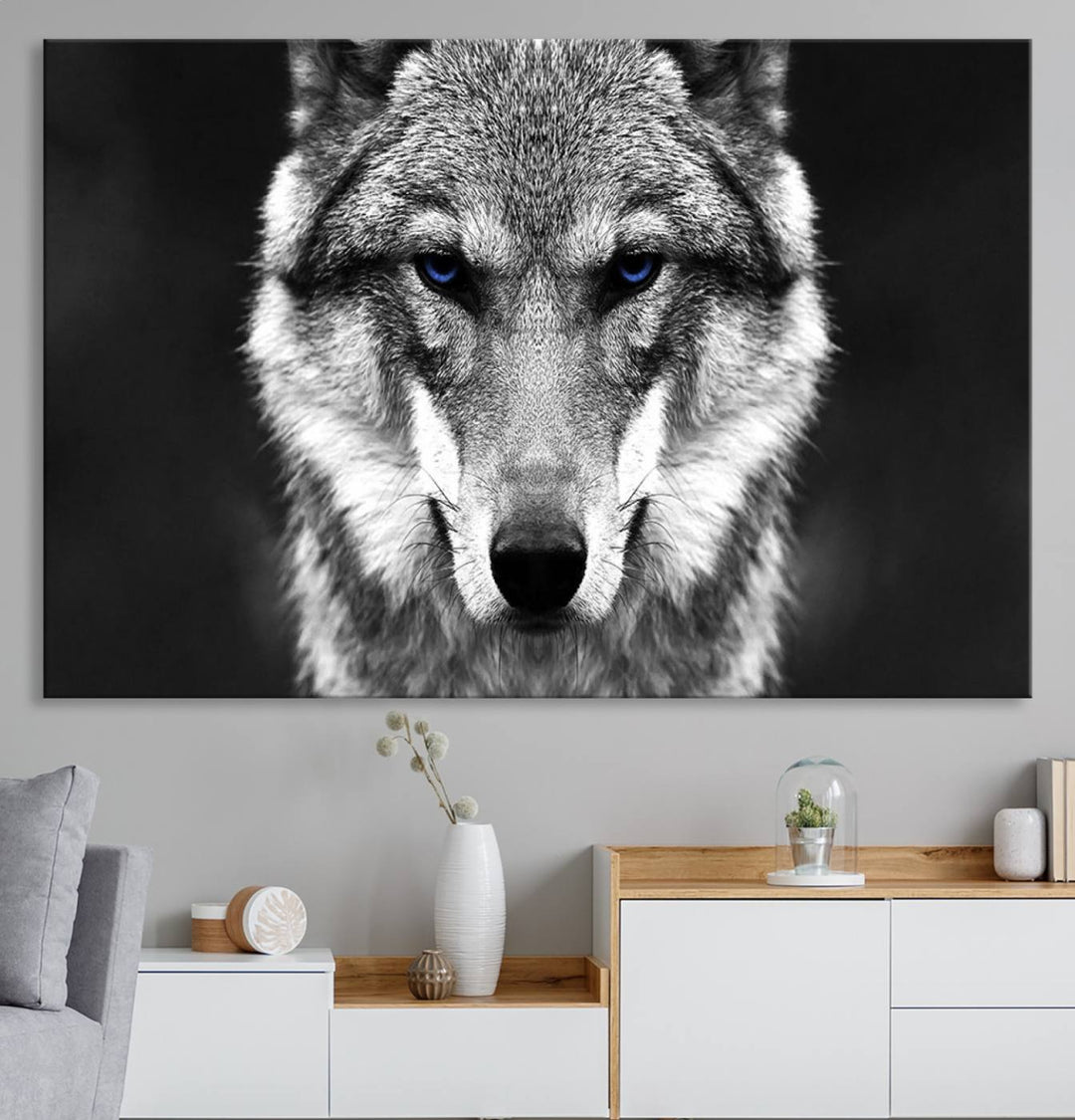 A ready-to-hang Black and White Wild Wolf Wall Art Canvas Print.