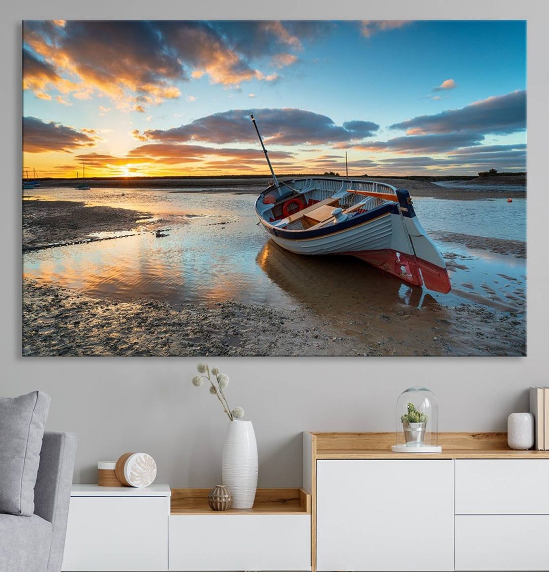 The Small Boat At The Beach Sunset wall art canvas print features UV coating, is museum-quality, and is ready to hang.