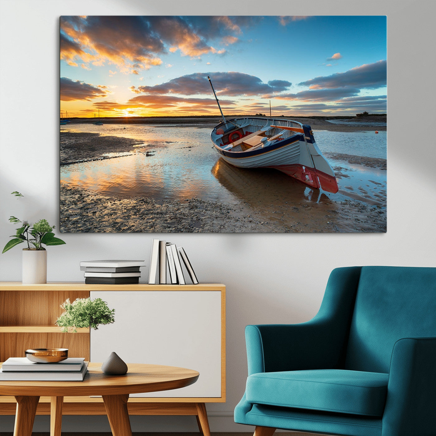 MGV-CV-36X24 - Small Boat At The Beach Sunset Wall Art Canvas Print